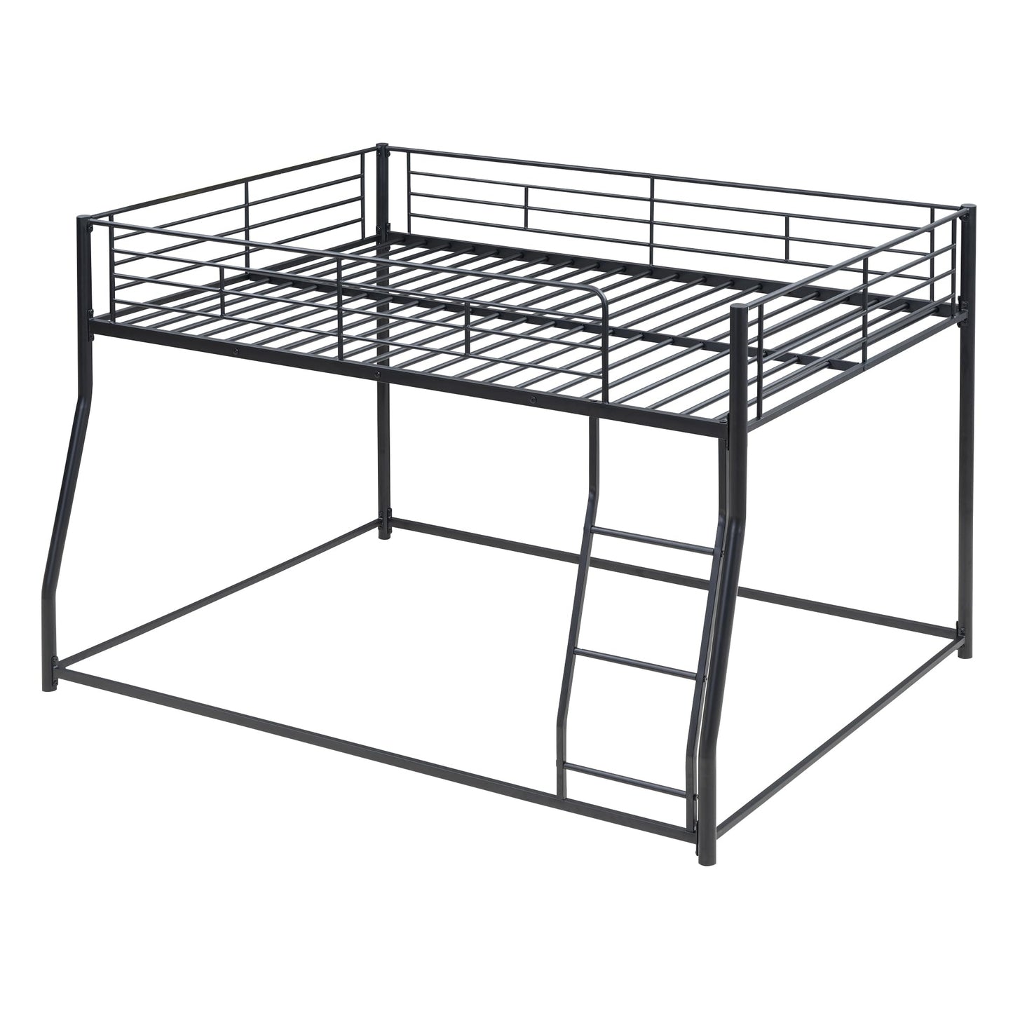 Bellemave Metal Full XL Over Queen bunk Bed, Floor Twin XL Over Queen Bunk Bed Frame with Ladder and Guardrails,Black no slats