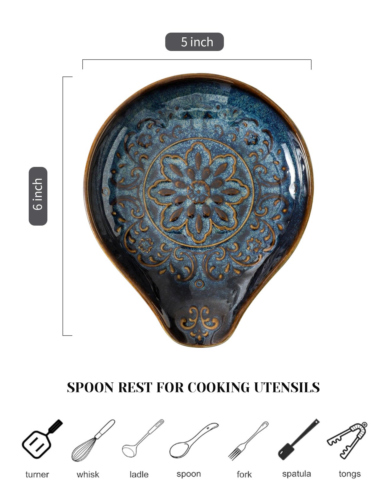 Ryfog Spoon Rest for Stove Top, Ceramic Cooking Spoon Holder for Kitchen Counter, Farmhouse Cooking Utensil Holder for Spoons, Ladles, Spatula, Glazed Blue