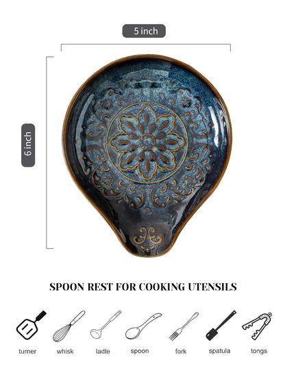 Ryfog Spoon Rest for Stove Top, Ceramic Cooking Spoon Holder for Kitchen Counter, Farmhouse Cooking Utensil Holder for Spoons, Ladles, Spatula, Glazed Blue