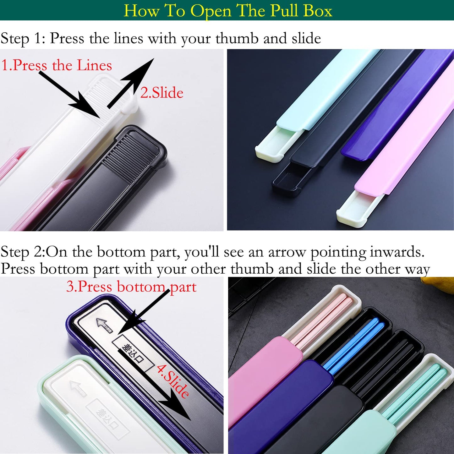 Metal Chopsticks Reusable Portable Stainless Steel Dishwasher Safe Chopsticks with Case for School,Camping,Travel, Bento Box, 9 Inches in length, Alternative to Wooden (Black+Blue+Green+Pink)