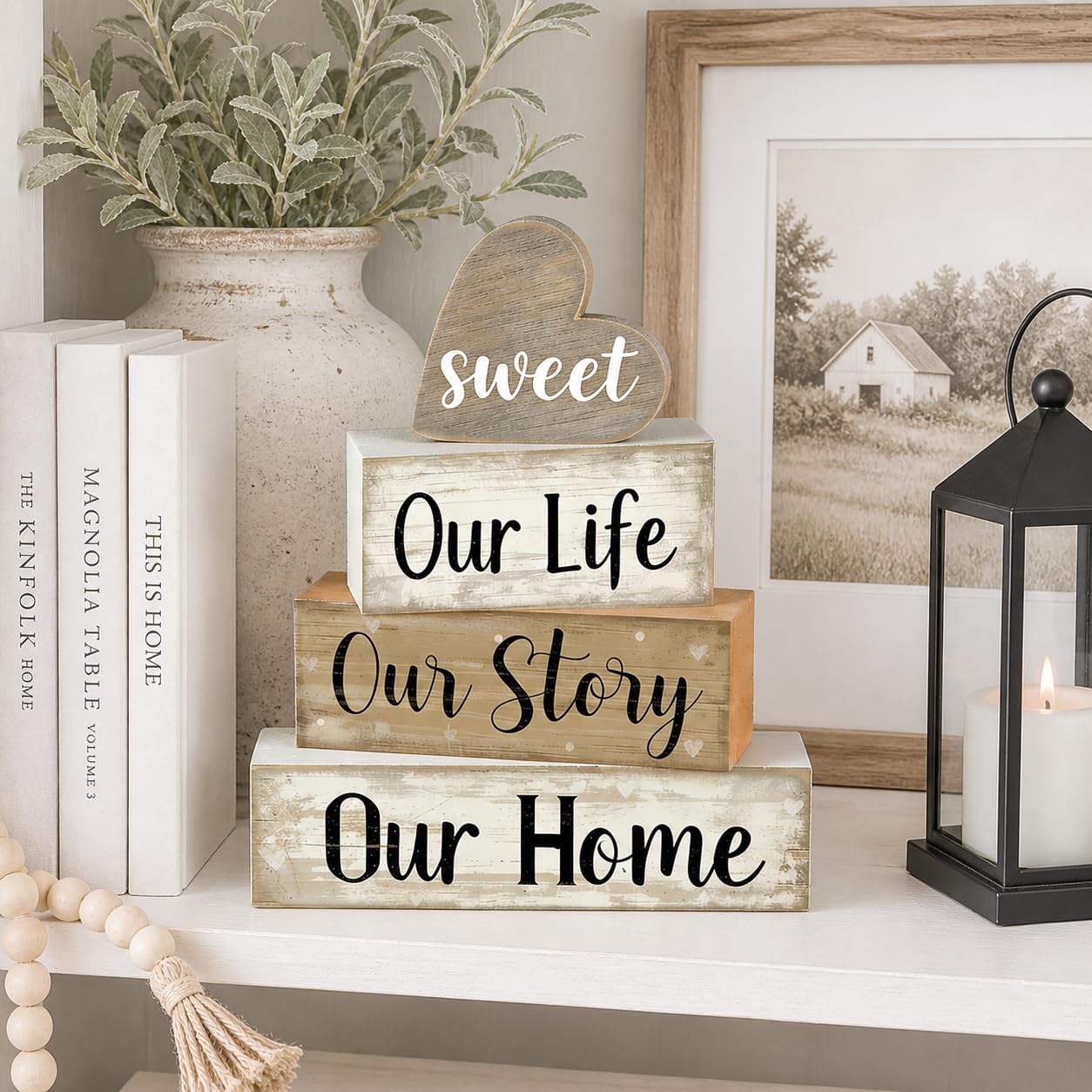 4 Pcs Farmhouse Table Decor, Wooden Heart Tiered Tray Decorations with Sweet Home Sign, Rustic Our Life Our Story Our Home Decor for Table, Kitchen, Office, Mantel, Shelf, Housewarming Gift