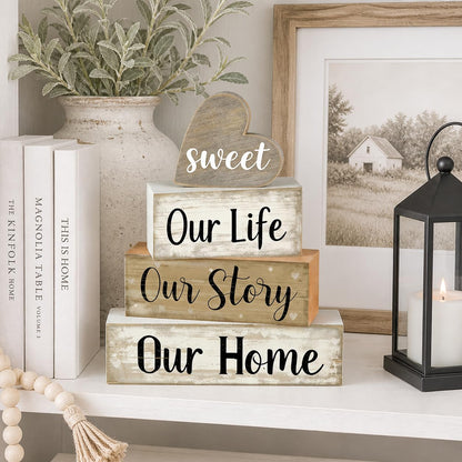 4 Pcs Farmhouse Table Decor, Wooden Heart Tiered Tray Decorations with Sweet Home Sign, Rustic Our Life Our Story Our Home Decor for Table, Kitchen, Office, Mantel, Shelf, Housewarming Gift