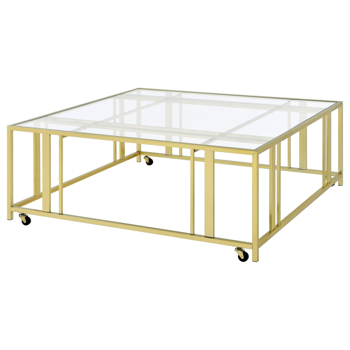 Coaster Home Furnishings - Adri - Square Glass Top Coffee Table with Geometric Base and Mobile with Rolling Casters - Contemporary - Living Room - Matte Brass - 710188