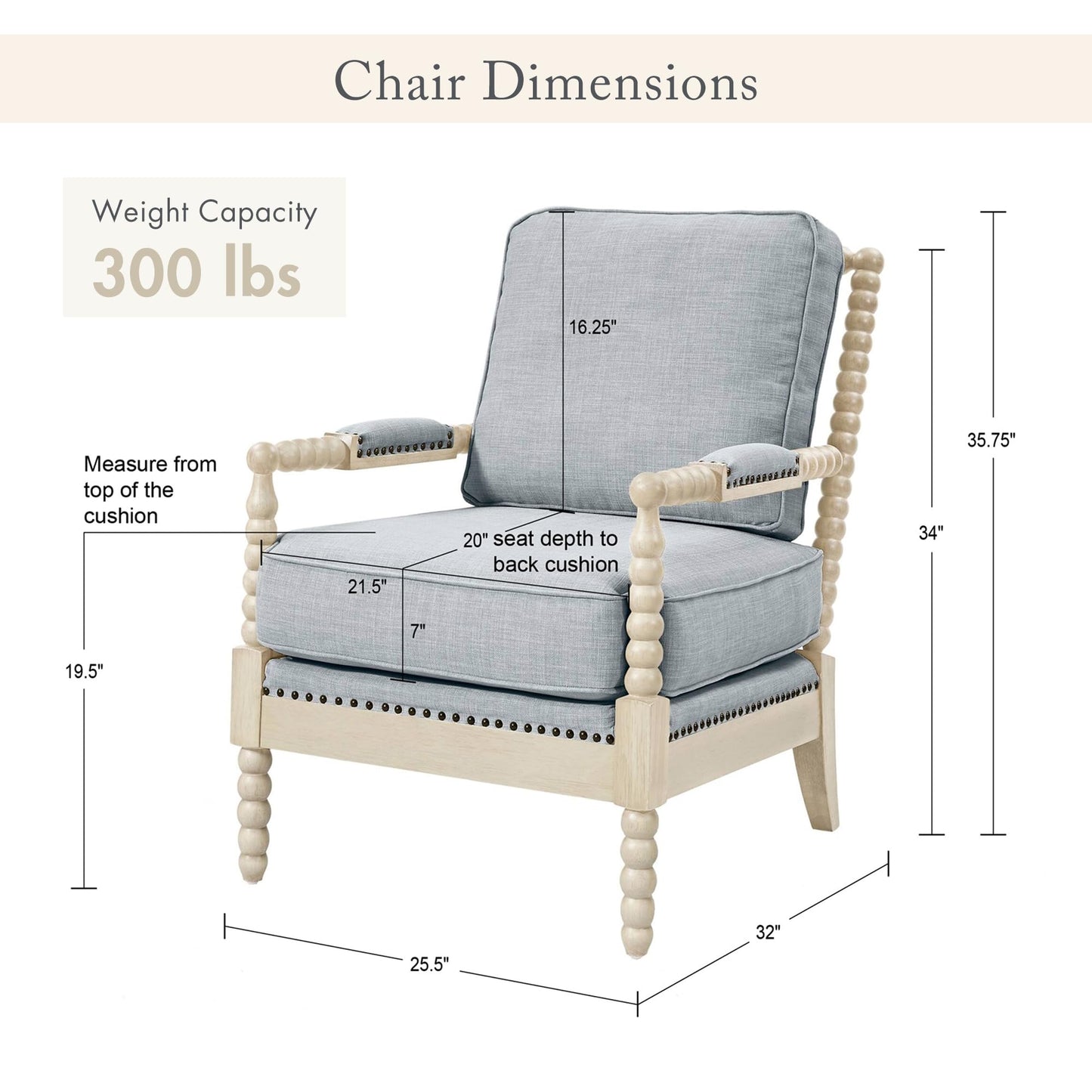 Madison Park Accent Chairs for Living Room Farmhouse Modern Armchair, Solid Wood, Antiqued Finish, Upholstered Seat Removable, Bedroom Lounge for Reading, 25.5" W, Light Blue/Antique Cream