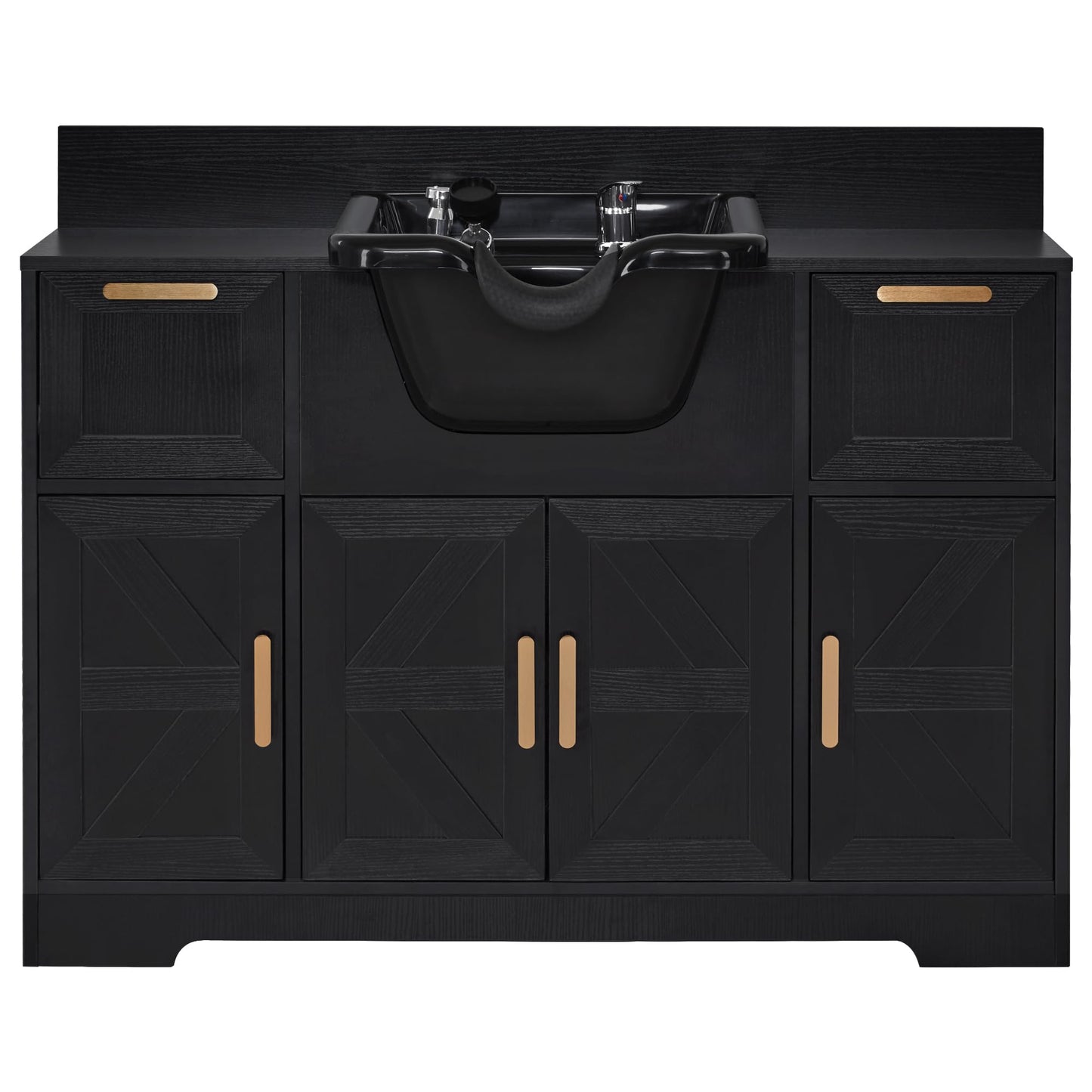 BarberPub Portable Shampoo Station, Shampoo Bowl with Cabinet & Drawer, Salon Geometric Finish Station with Sprayer Faucet, Barber Storage Equipment with Hair Wash Backwash Sink 3439 (Black)