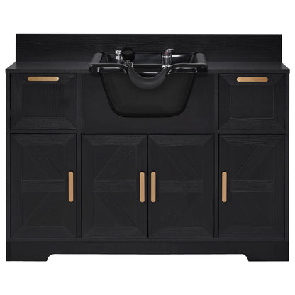 BarberPub Portable Shampoo Station, Shampoo Bowl with Cabinet & Drawer, Salon Geometric Finish Station with Sprayer Faucet, Barber Storage Equipment with Hair Wash Backwash Sink 3439 (Black)