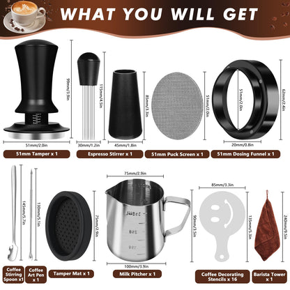 Y-Step 25 PCS Espresso Accessories Kit, Espresso Tamper Kit Coffee Tamper Set, 51mm Espresso Tamper with Spring Loaded Calibrated, 51mm Espresso Puck Screen and Dosing Funnel, WDT Tool, Latte Art Kit