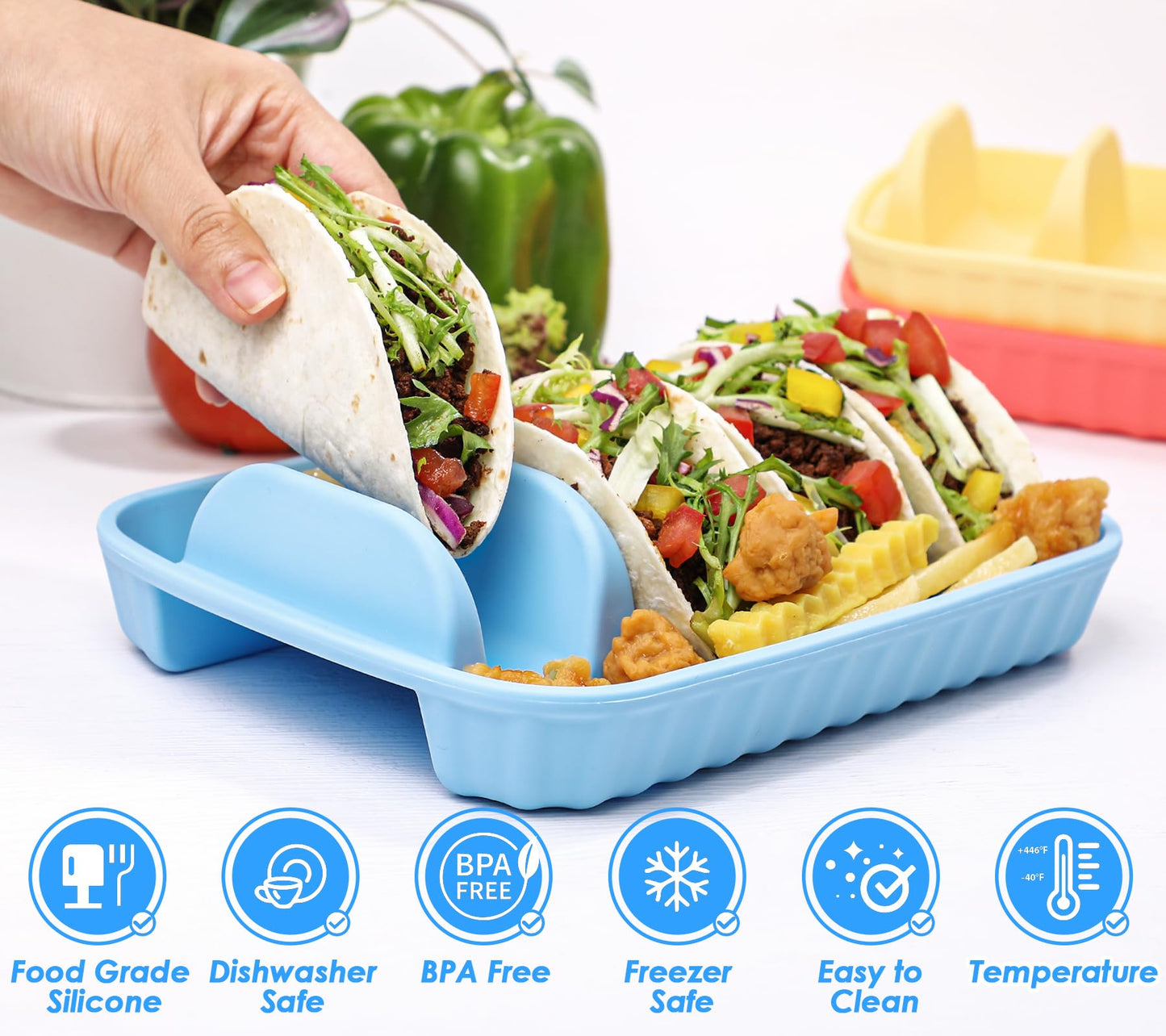 Webake 3 Packs Extra Strong Silicone Taco Holder 5mm Thickness, BPA Free & Macrowave Safe, 9.8" Large Reusable Divided Taco Plates, Effortlessly Portable & Dishwasher-Safe