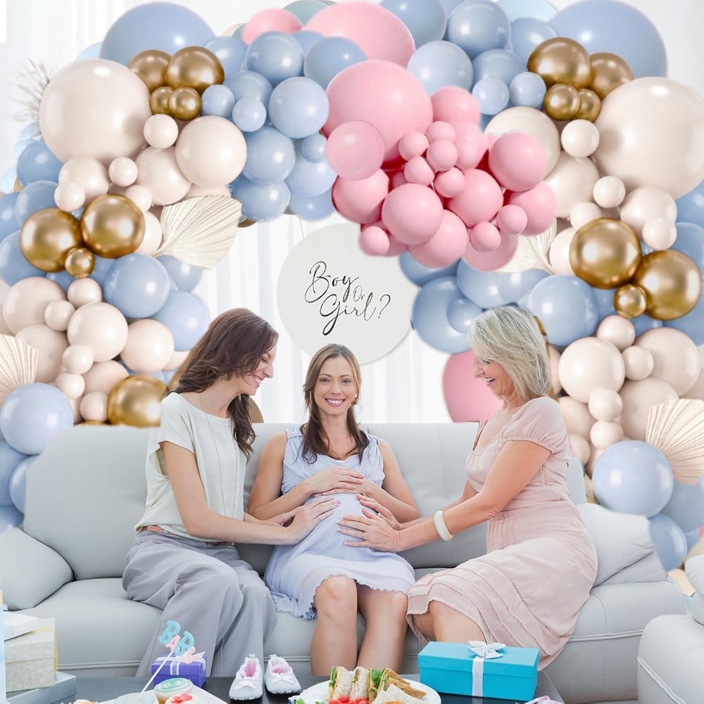 Gender Reveal Balloon Arch Kit, Blush Pink and Blue Balloons Metallic Gold Sand White Balloons for Boy and Girl Gender Reveal Boho Bachelorette Birthday Baby Shower Neutral Bear Theme Decorations