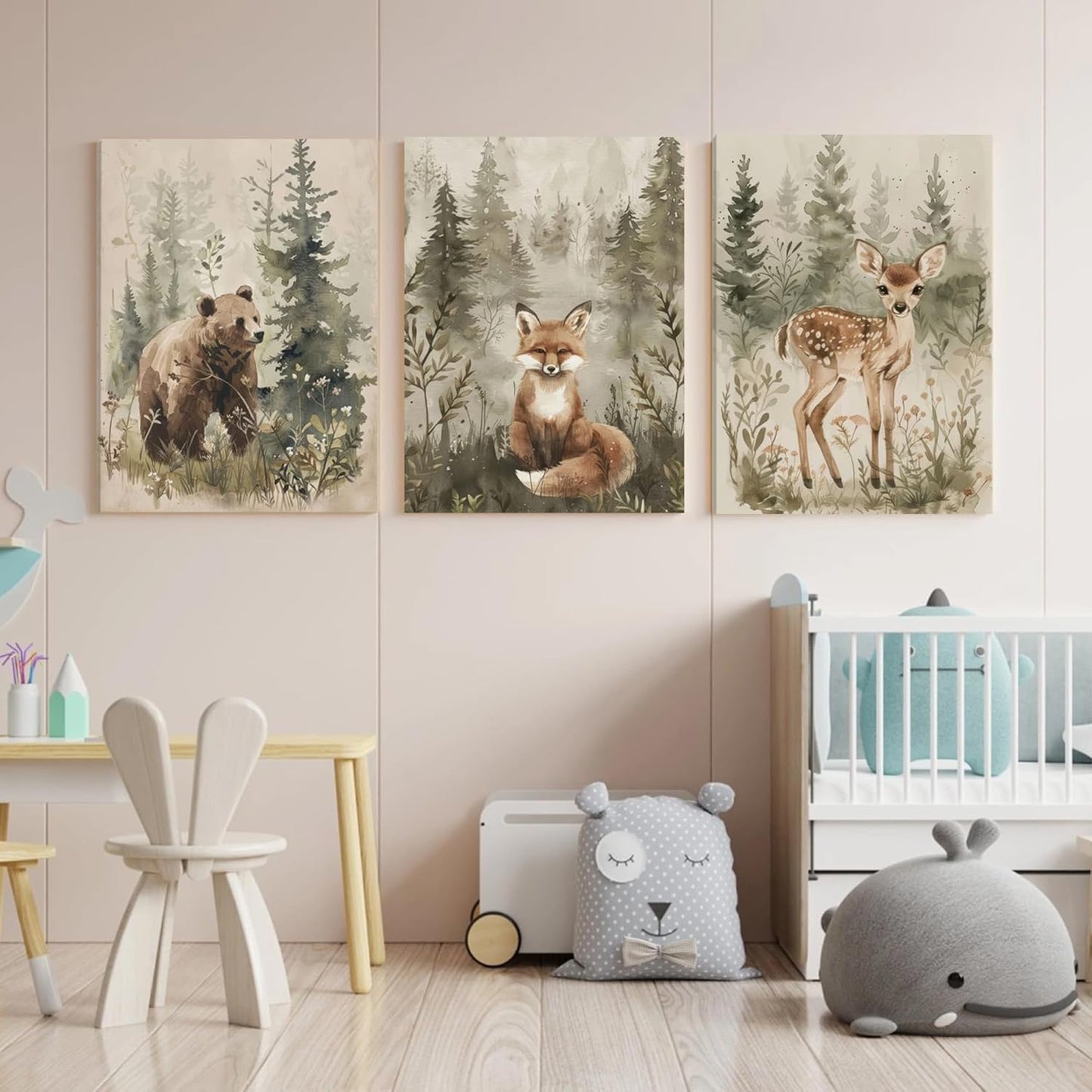 ICHZUMW 12x16in, Set 3 Woodland Animals Nursery Wall Decor, Nursery Wall Art, Watercolor Bear Fox Deer Painting Print