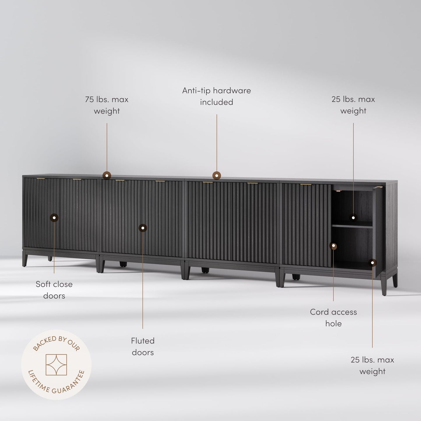 Nathan James Jasper Modern Sideboard, TV Stand with Fluted Doors, Accent Storage for Kitchen or Living Room, Black Oak, Set of 4