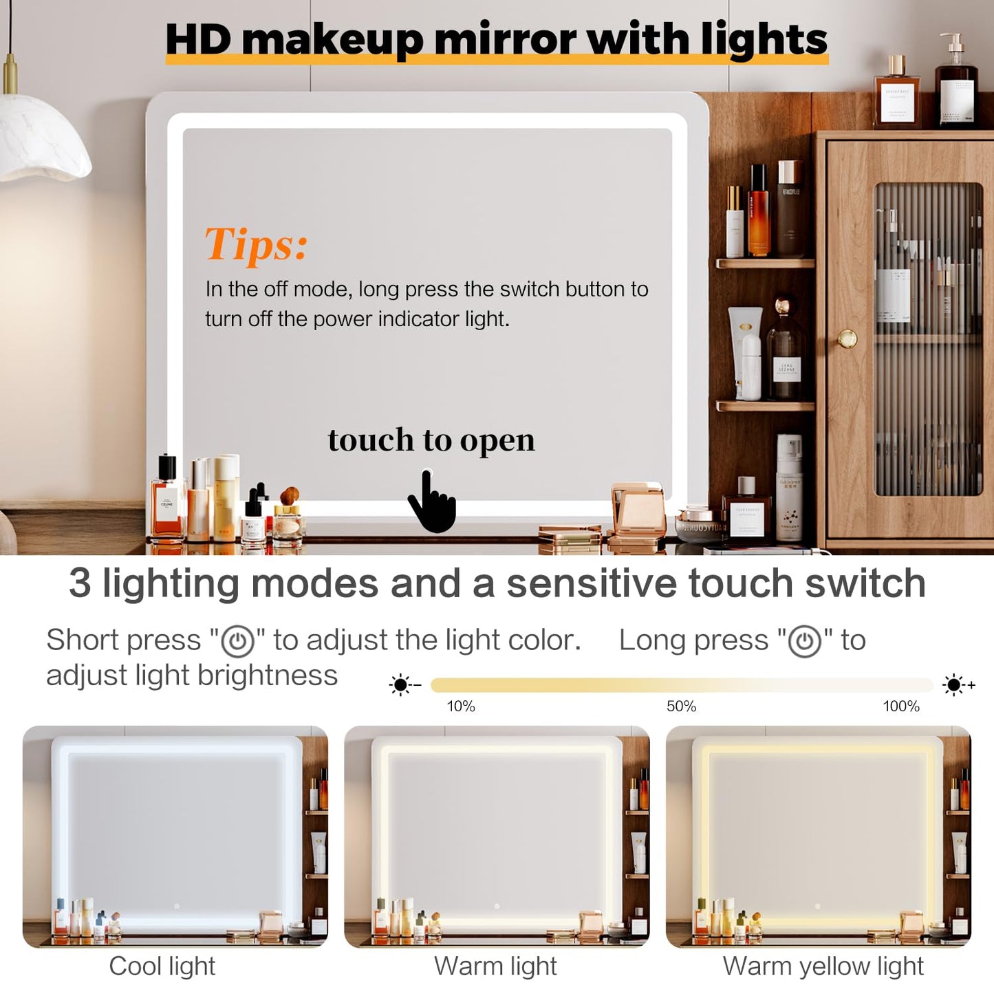 Arulvmrn Vanity Desk with 29.53" HD Lighted Mirror, 47.24" Big Modern Vanity Desk with Mirror and Lights, Makeup Vanity with 5 Drawers and Storage Shelves and Charging Station,Brown