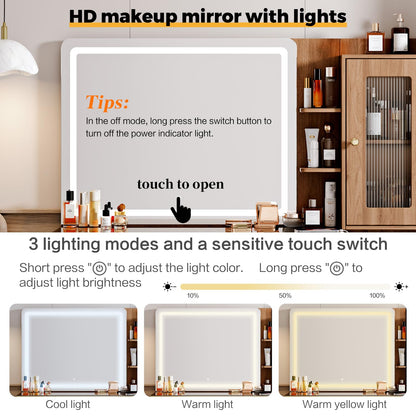 Arulvmrn Vanity Desk with 29.53" HD Lighted Mirror, 47.24" Big Modern Vanity Desk with Mirror and Lights, Makeup Vanity with 5 Drawers and Storage Shelves and Charging Station,Brown