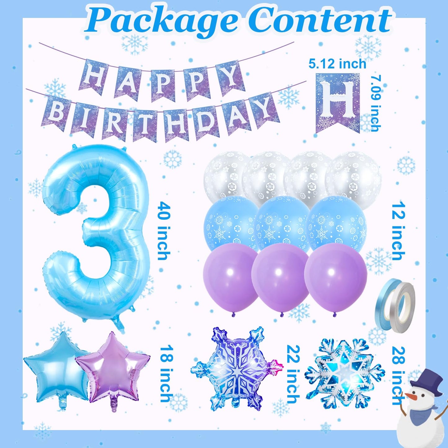 Frozen Birthday Party Decorations, with 40 Inch Blue Number 3 Balloon, Frozen Birthday Banner and Foil Snowflake Balloons for 3rd Party Decor Supplies