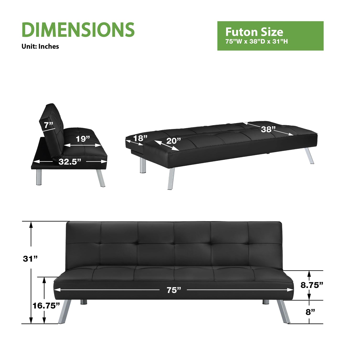 OSP Home Furnishings Kenneth Modern Button Tufted Convertible Click-Clack Futon Sofa Bed, Black Faux Leather with Chrome Legs
