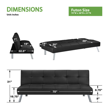OSP Home Furnishings Kenneth Modern Button Tufted Convertible Click-Clack Futon Sofa Bed, Black Faux Leather with Chrome Legs