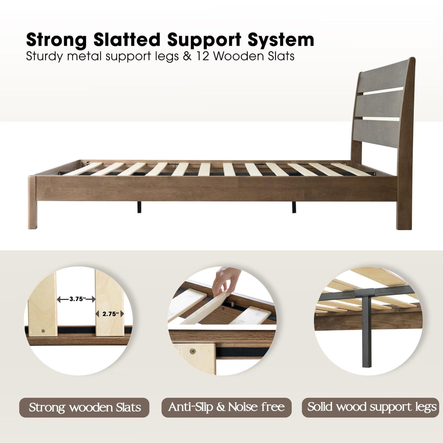 Full Size Solid Wood Platform Bed Frame, Headboard & Footboard, 12 Heavy-Duty Slatted Design, Center Metal Legs, Easy Assembly, No Box Spring Needed, Anti-Noise & Slip-Free, Barnwood Finish QIF-30