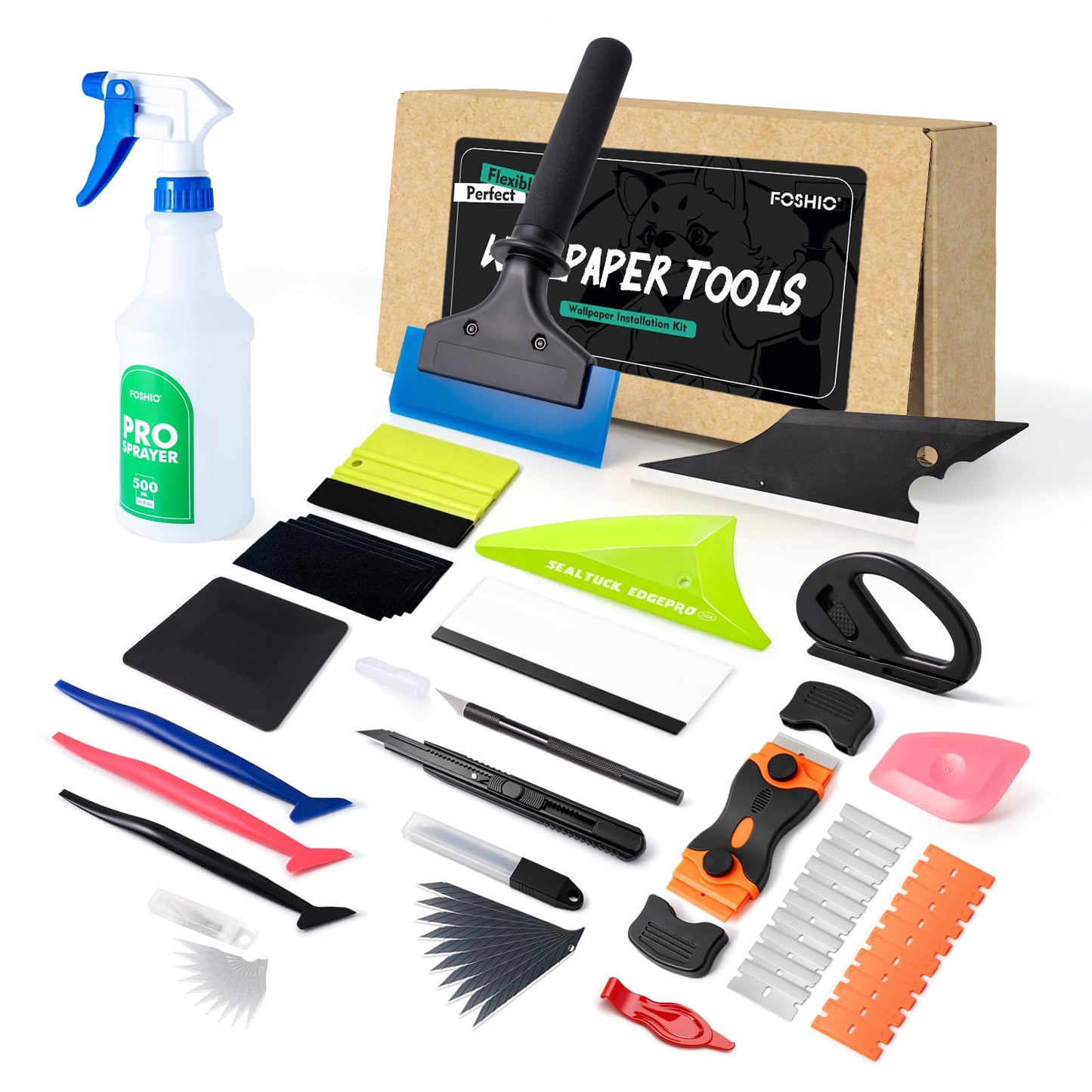 FOSHIO Vinly Wrap Tool Kit, 500ML Spray Bottle, Window Tint Squeegee, Felt & Rubber Squeegee, Triangle Corner Squeegee, Wrap Tool, Utility Knife, Craft Knife, Scraper for Window Tint Installation