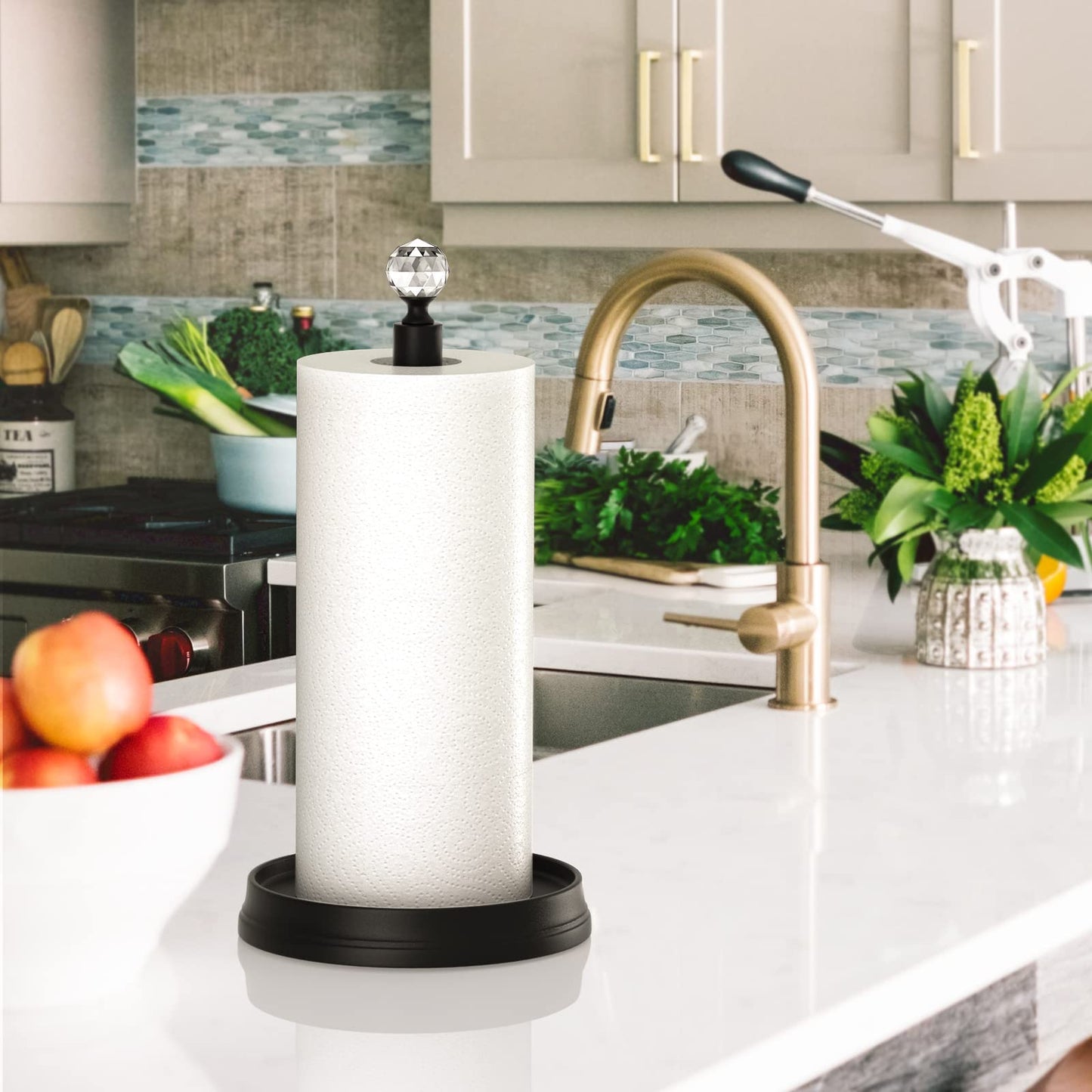 KASUNTO Crystal Head Paper Towel Holder - Steel Countertop Stand for Kitchen, Bars & Dining Tables - Fits Standard & Jumbo Rolls - Matte Black