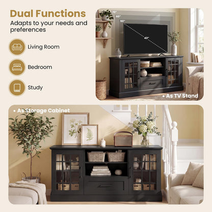Giantex Farmhouse TV Stand for 65/70 Inch TV, Tall Entertainment Center with Storage Cabinets, Glass Doors, Drawer, Removable Shelves, Media TV Console Table for Living Room, Bedroom (Black)