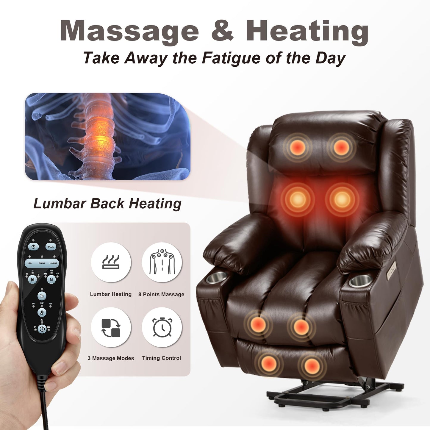 Outspurge Large Power Lift Recliner Leather Chair Sofa with Massage & Heat, Lazy Boy Chair with Cup Holders, USB & Type-C Ports, Remote Control (Brown)