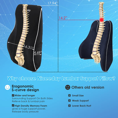 Lumbar Support Pillow for Office Chair Car Back Support Pillow, Memory Foam Gaming Chair Desk Chair Back Cushion for Lower Back Pain Relief, Ergonomic Back Rest with Double Adjustable Straps
