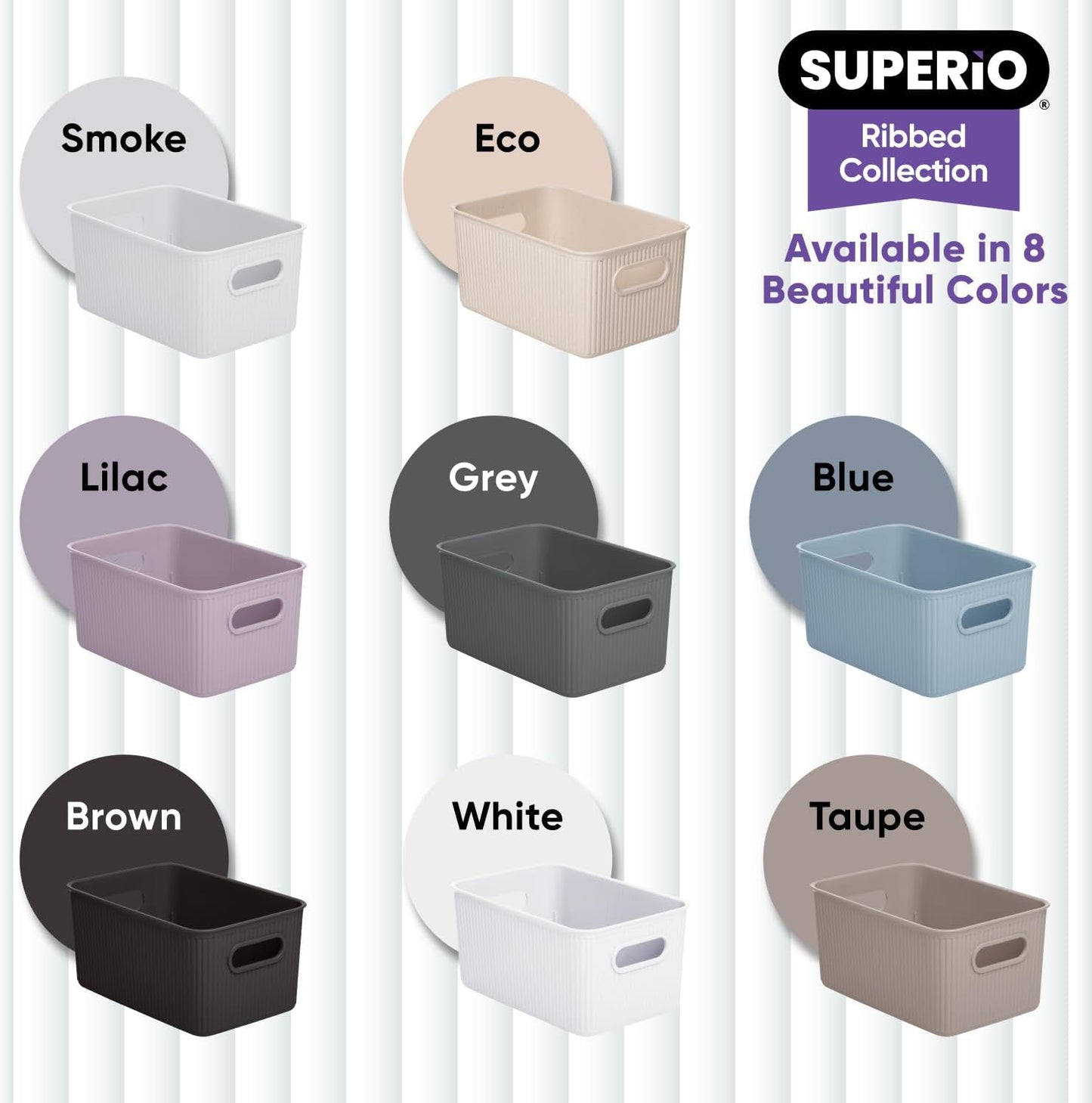 Superio Ribbed Collection - Medium Taupe Decorative Plastic Open Home Storage Bins Organizer Baskets (2 Pack) for
