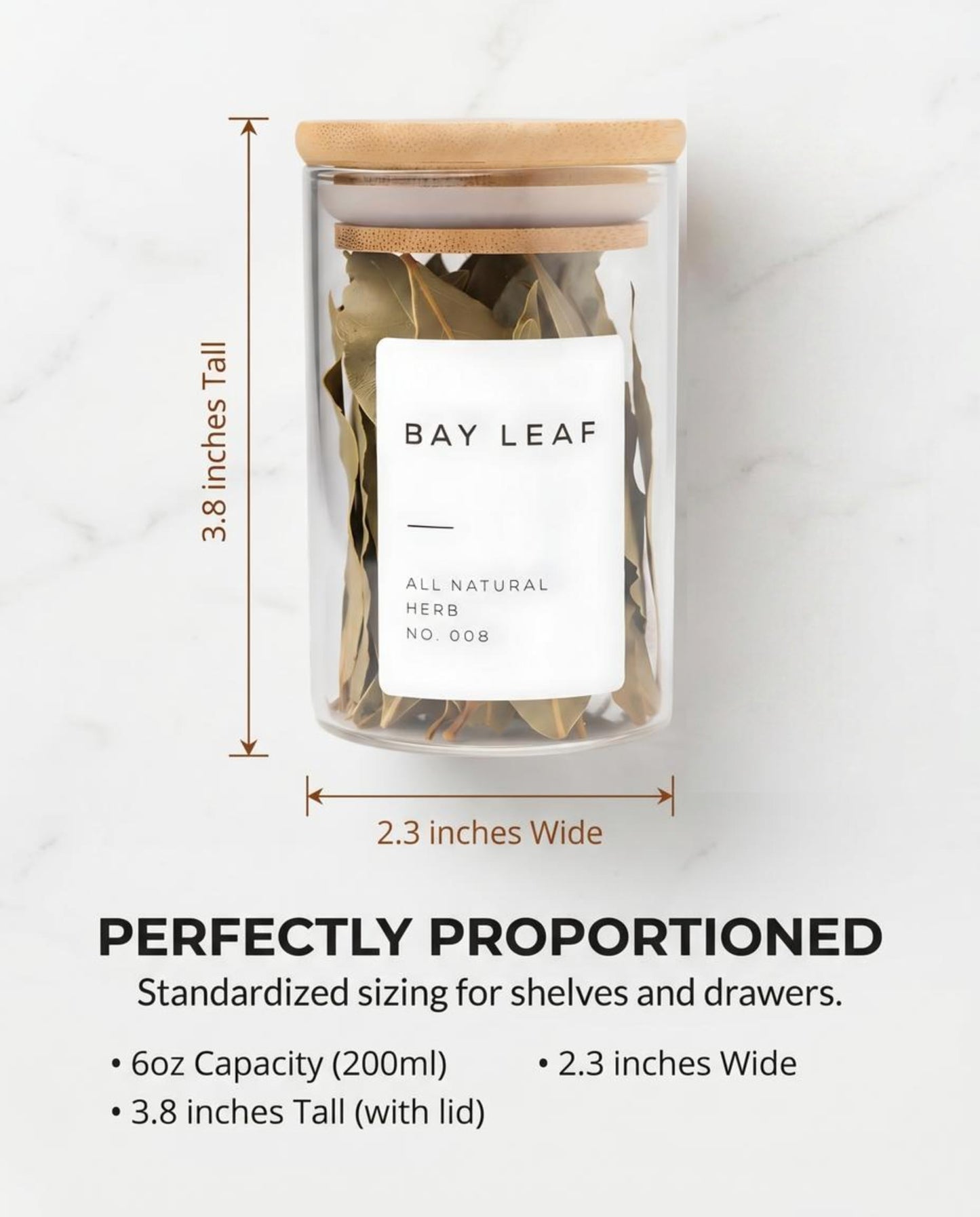 Bloomondo Empty Spice Jars with Label Pack (12x Bamboo Lid Glass Jar). Small 6oz Spice Storage Bottles with 112 Printed Stickers and 48 Writable Pantry Labels for Seasoning Containers