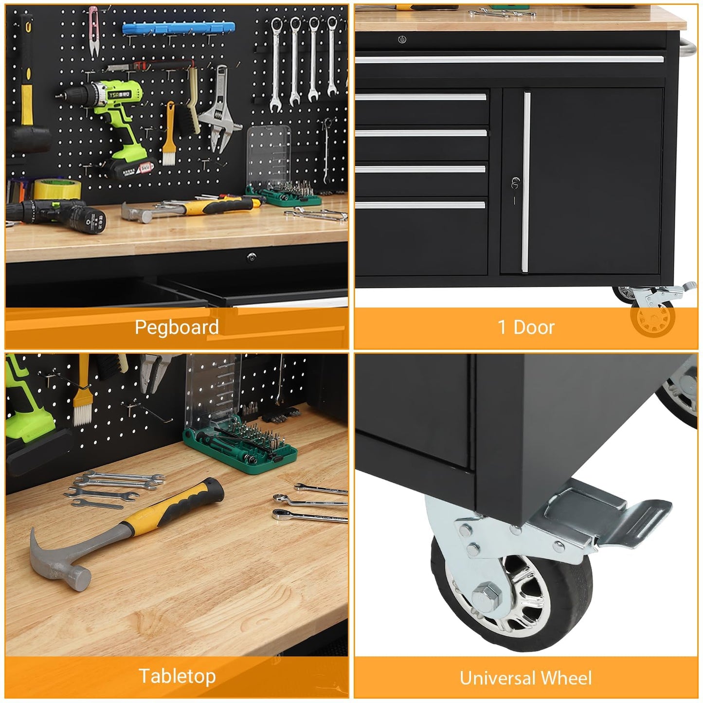 61 Inch Rolling Tool Chest with 10 Drawers, Rubber Wood Workbench Top, Anti-Fingerprint Steel, Lockable Wheels & Key Lock, Mobile Storage Cabinet Organizer for Garage & Workshop