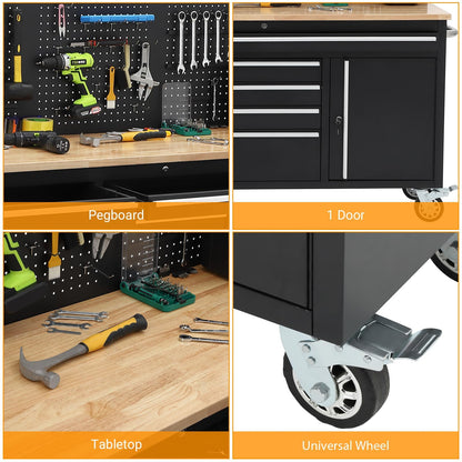 61 Inch Rolling Tool Chest with 10 Drawers, Rubber Wood Workbench Top, Anti-Fingerprint Steel, Lockable Wheels & Key Lock, Mobile Storage Cabinet Organizer for Garage & Workshop