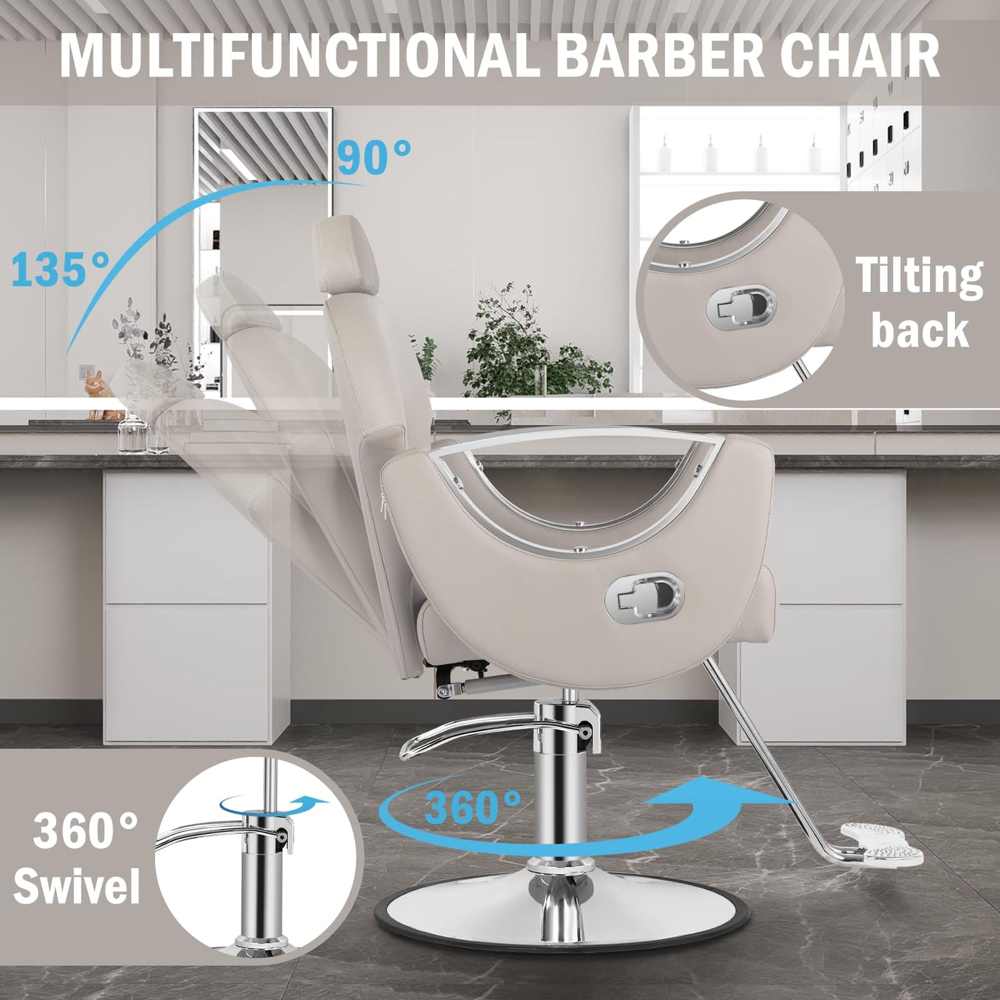 Tythical Reclining Salon Chair, Hydraulic Barber Styling Chair for Hair Stylist, 360 ° Swivel Hair Braiding Hairdresser Chairs, Height Adjustable Spa Beauty Equipment for Barbershop, Grey Silver