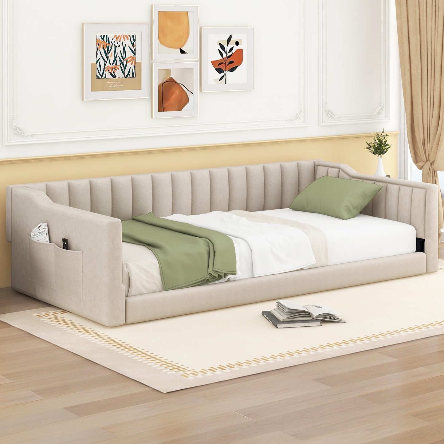 DNYN Twin XL Upholstered Daybed with Storage Pocket for Kids,Adults,Pinewood Bedframe w/Wood Slat Support,Easy Assembly & No Box Spring Needed, Beige