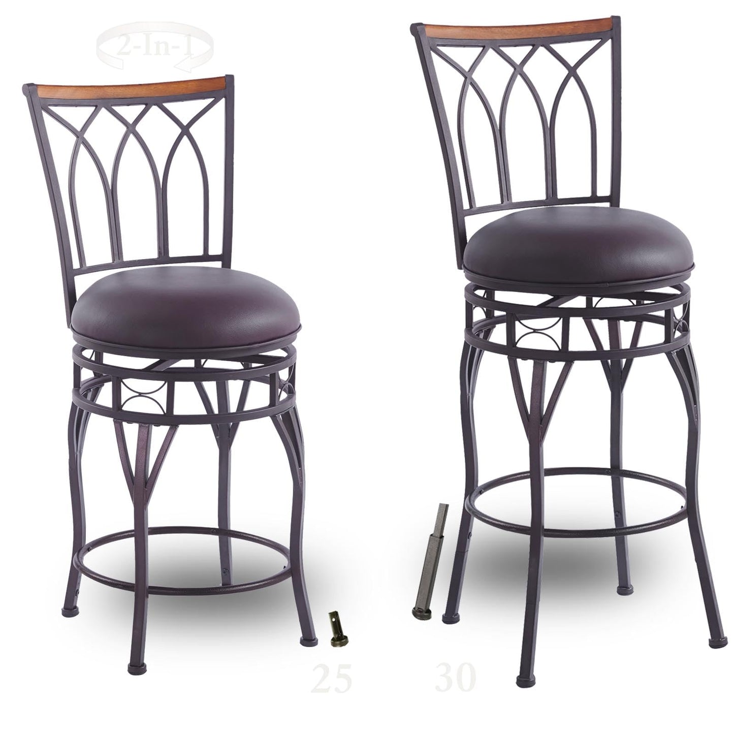 MIITODAY Farmhouse Swivel Bar Stools with Backs Set of 2, Adjustable 25"/30" Industrial Counter & Bar Chairs with Brown PU Leather, Antique Brass Metal, Vintage Rustic Wood for Kitchen, Pub, Bistro