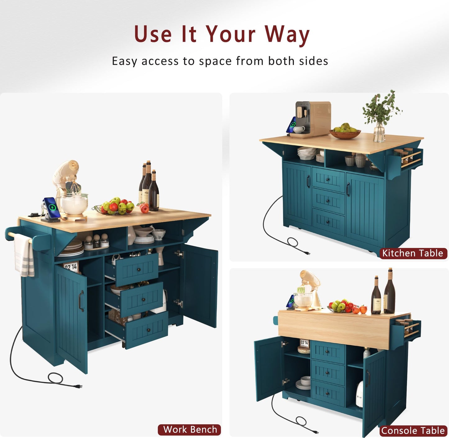 Ball & Cast Large Green Rectangular Kitchen Island with 2 Drop Leaf, 3 Drawers, 2 Doors, Folding Storage Dining Table, Spice & Towel Rack, Power Outlet & USB Port, 5 Wheels, 55.7"W x 34"D x 36.5"H