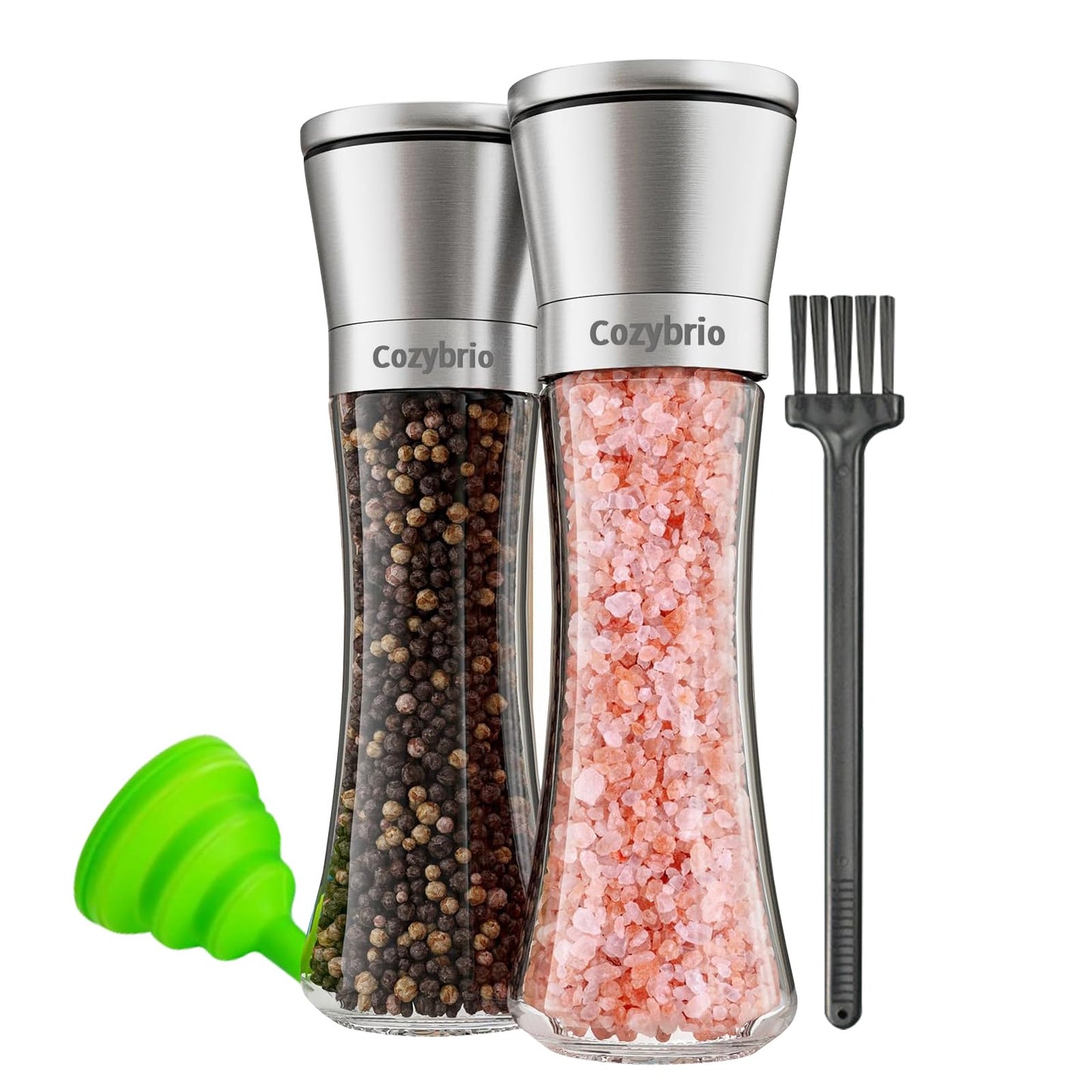 Premium Salt and Pepper Grinder Set of 2, Refillable Stainless Steel Spice Shakers with Adjustable Coarseness, Easy Clean Durable Ceramic Mills, Include Silicone Funnel & Cleaning Brush (7.5"H-2 Pack)