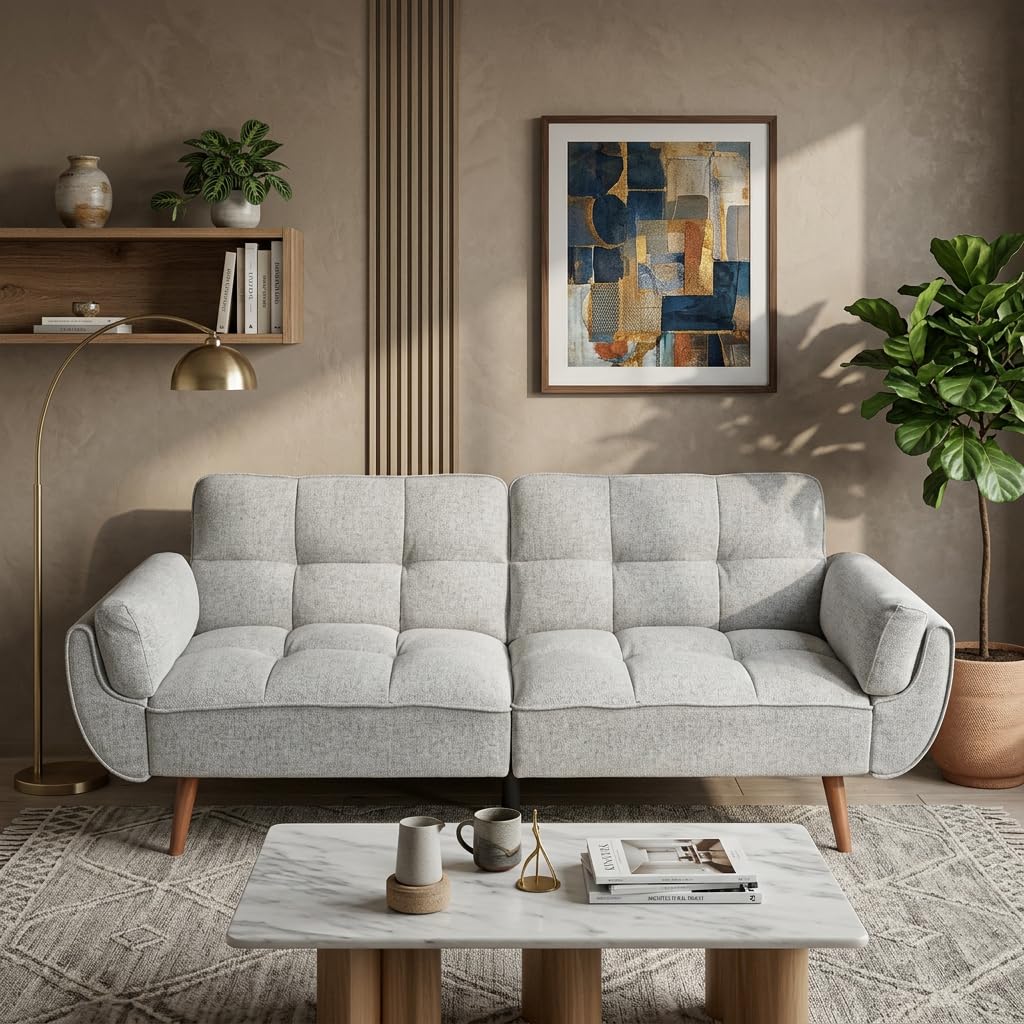 Trygoal Convertible Futon Sofa Bed, Modern Futon Couch with 2 Pillows, Small Futons Couch with Adjustable Armrest & Backrest, Loveseat Sofa Bed for Living Room, Bedroom, Gray