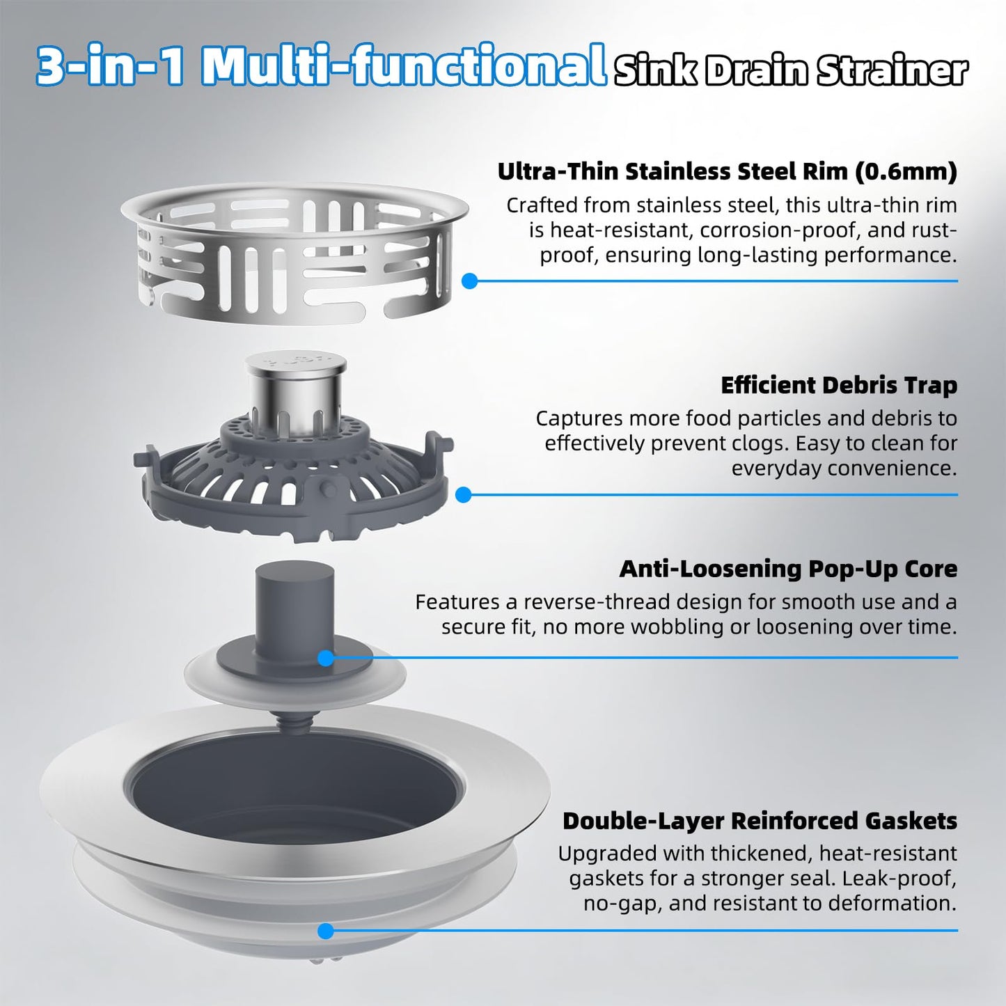 Hibbent Upgraded 3 in 1 Kitchen Sink Drain Strainer, Stainless Steel Pop Up Sink Stopper, Larger Anti-Clogging Basket, 3-Layer Seal, Detachable Drain Plug for US Standard 3-1/2" Drain, Brushed Nickel