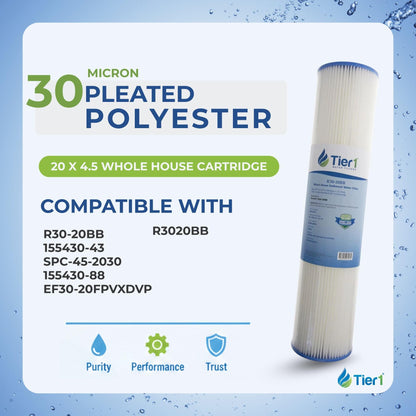 Tier1 30 Micron 20x4.5 Water Filter | Whole House Sediment Water Filter | Pleated Polyester Cartridge | Replacement for Pentek R30-20BB, 155430-43, SPC-45-2030 | High-Flow 4.5 x 20 Water Filter (3pk)