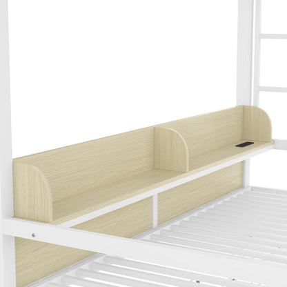 Bellemave Queen Over Queen Metal Bunk Bed with Storage Drawers and Shelves, Heavy Duty Bunk Beds with LED Lights and Charging Station for Kids,Adults,Convertible into a Sofa Bed,White