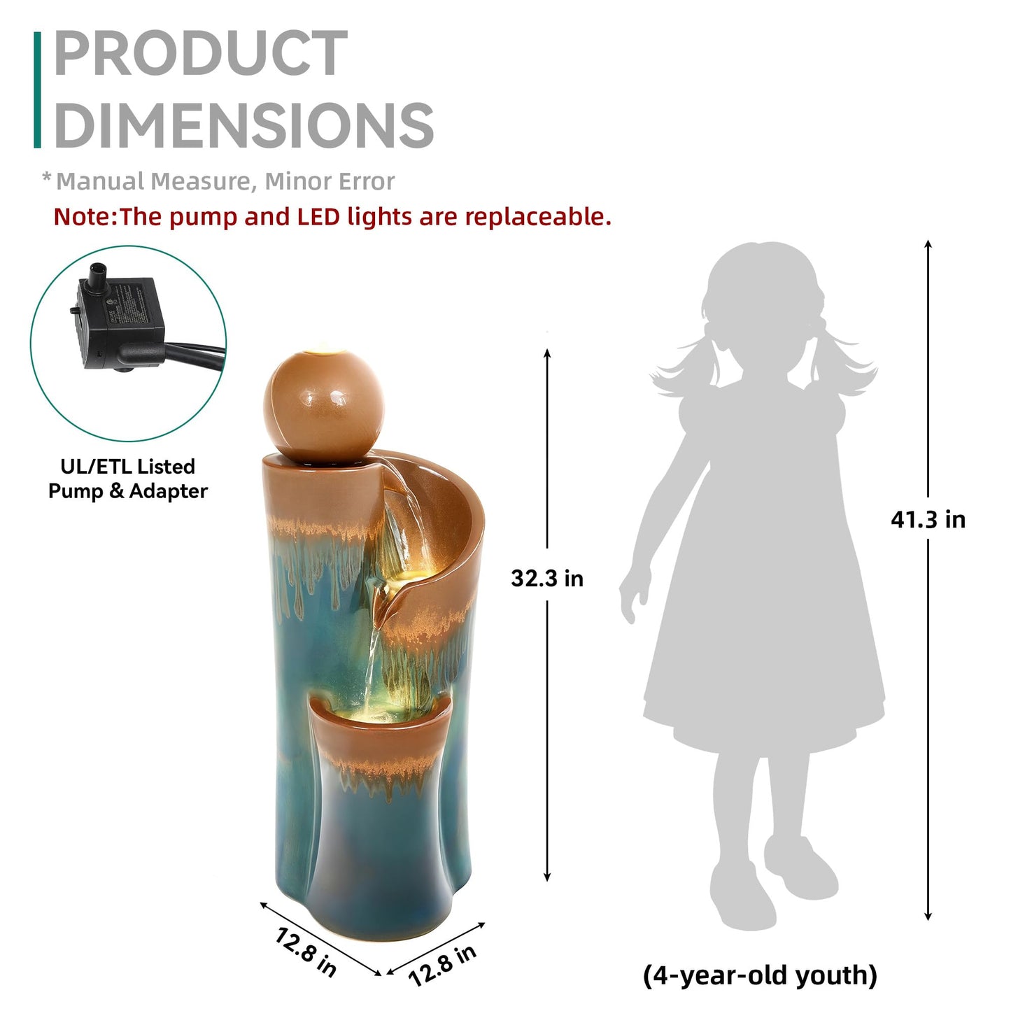 Ultym 32" H Ceramic Outdoor Water Fountain with LED Lights, 3-Tier Cascading Sphere Water Feature, Tranquil Waterfall for Relaxing Garden, Patio, Yard, or Porch, Teal & Copper Drip-Glaze Finish