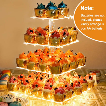 YestBuy 4 Tier Cupcake Stand Acrylic Tower Display with LED Light Premium Holder Dessert Tree Tower for Birthday Candy Bar Décor Weddings, Parties Events (Yellow Light)
