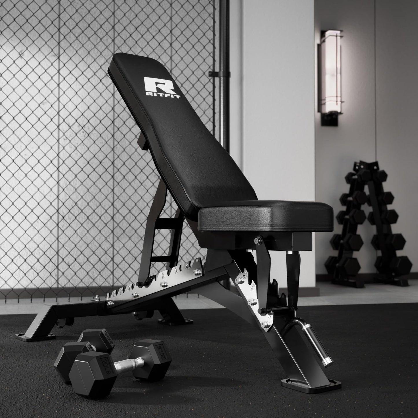 RITFIT Adjustable Weight Bench with Multiple Back Positions for Full Body Workouts, Incline, Decline, and Flat Settings for Home Gym Strength Training, 1300LB Capacity (Black,with 2x5lb rubber dumbbells)