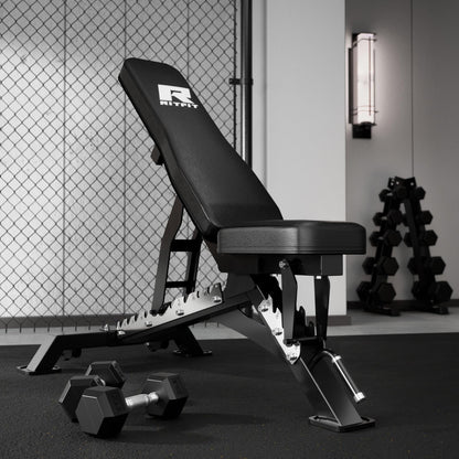 RITFIT Adjustable Weight Bench with Multiple Back Positions for Full Body Workouts, Incline, Decline, and Flat Settings for Home Gym Strength Training, 1300LB Capacity (Black,with 2x5lb rubber dumbbells)
