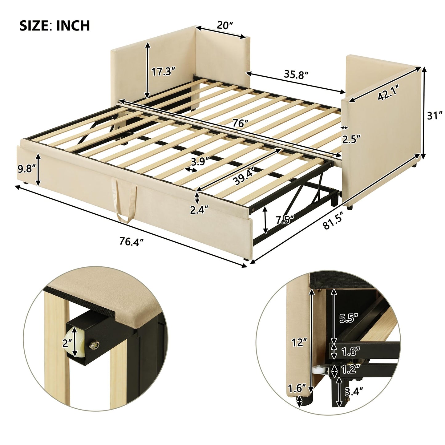 KTATK Twin Size Velvet Upholstered Daybed with Pop Up Trundle,Extendable Wooden Bed Frame,W/Backrest and Armrests,Twin-Size to King-Size,for Living Room Apartment,Beige