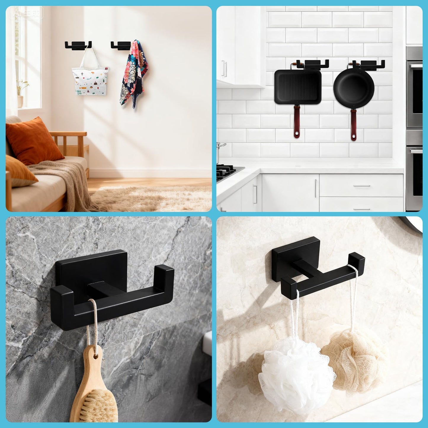 Dirvcp Double Towel Hook, Stainless Steel Wall Mounted Bathroom Hooks, Matte Black Coat Robe Hanger for Kitchen, Hotel, Pool