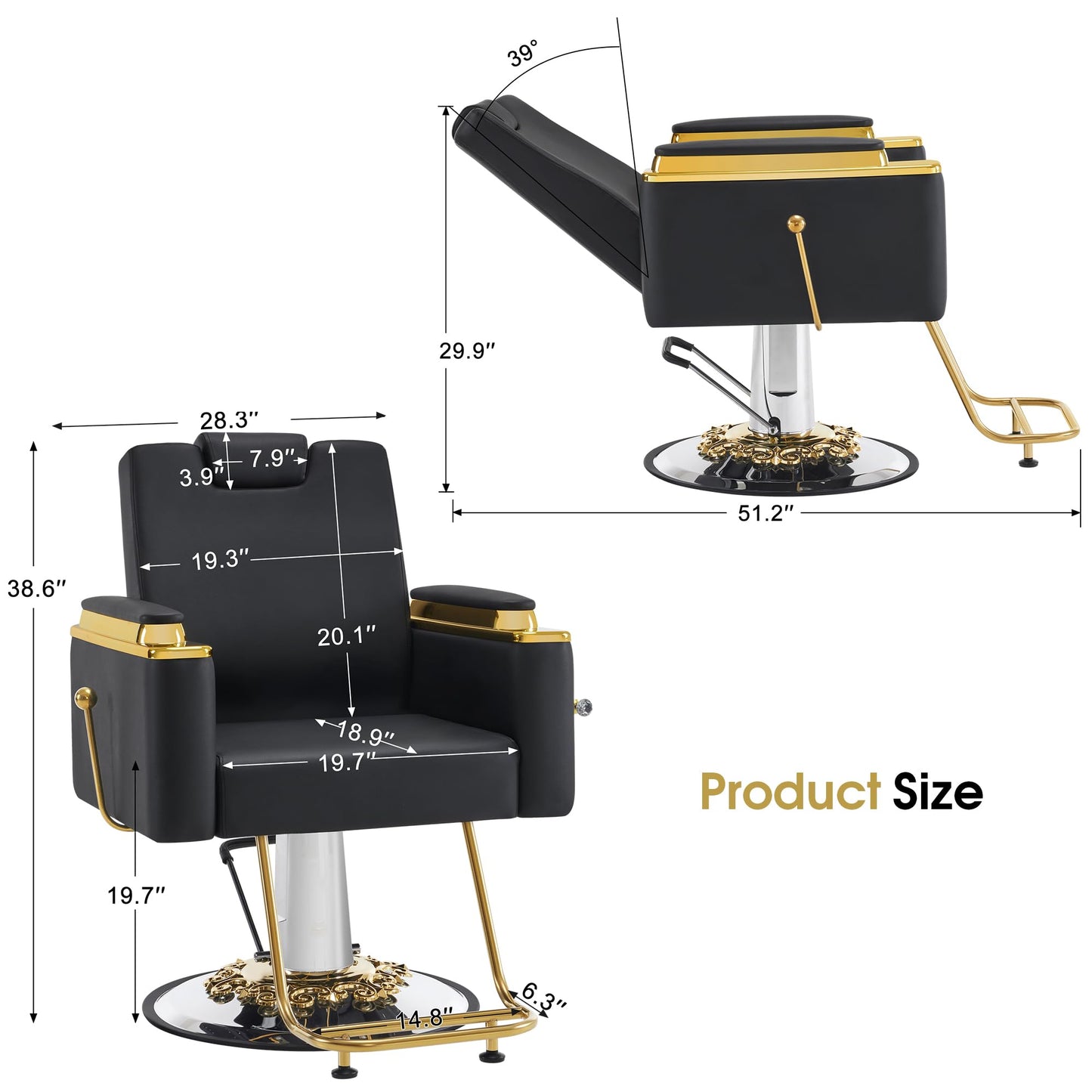 BarberPub Luxurious Barber Chair with Heavy-Duty Hydraulic Pump, Adjustable Reclining Salon Chair for Hair Stylist, Gold&Black Hair Styling Chair, Barbershop 8623 (Black)
