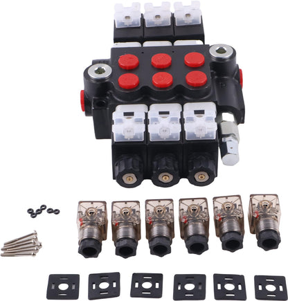Solarhome 3 Spool Solenoid 12V DC Hydraulic Control Valve Open Center Double Acting 13 GPM 3600 PSI SAE Ports Compatible With Tractors Loaders Log Splitters
