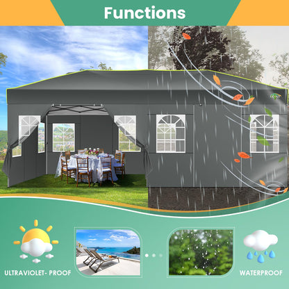 COBIZI 10x20 Pop Up Canopy Tent, Outdoor Party Tent with 6 Sidewall One Push Setup Glow, 3 Adjustable Height Air Vent Waterproof UPF50+, Bag, 4 Sandbag, 6 Stake, 12 Rope for Beach, Commercial