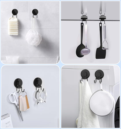 VIS'V Heavy Duty Shower Suction Cup Hooks - Removable & Reusable Double Hooks, Black (2 Pcs)