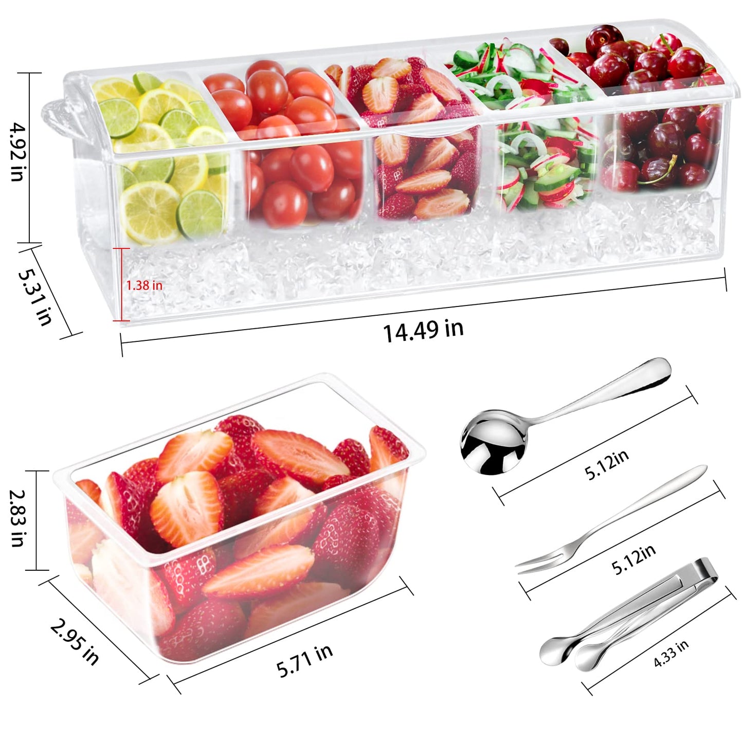 Condiment Tray with Stainless Steel 5 Spoons, 5 Forks and 1 Clip, Chilled Condiment Server, Condiment Server, Bar Garnish Holder on Ice, Bar Accessories Fruit and Salad with Removable Trays and Lid